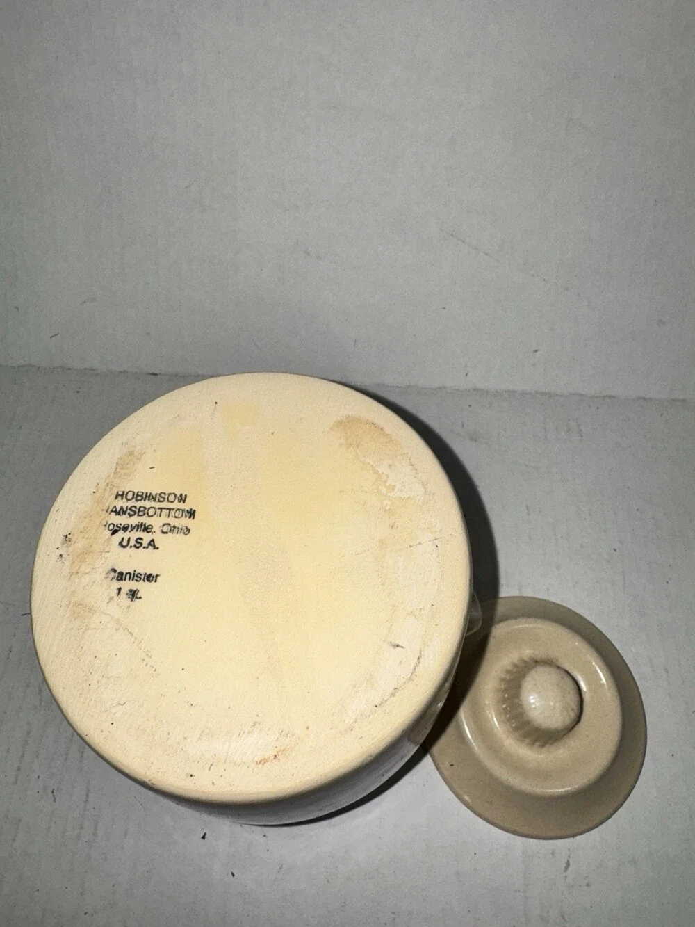 Vintage RRP Robinson Ransbottom 1 Qt Canister Lid Blue Stripe Roseville Ohio